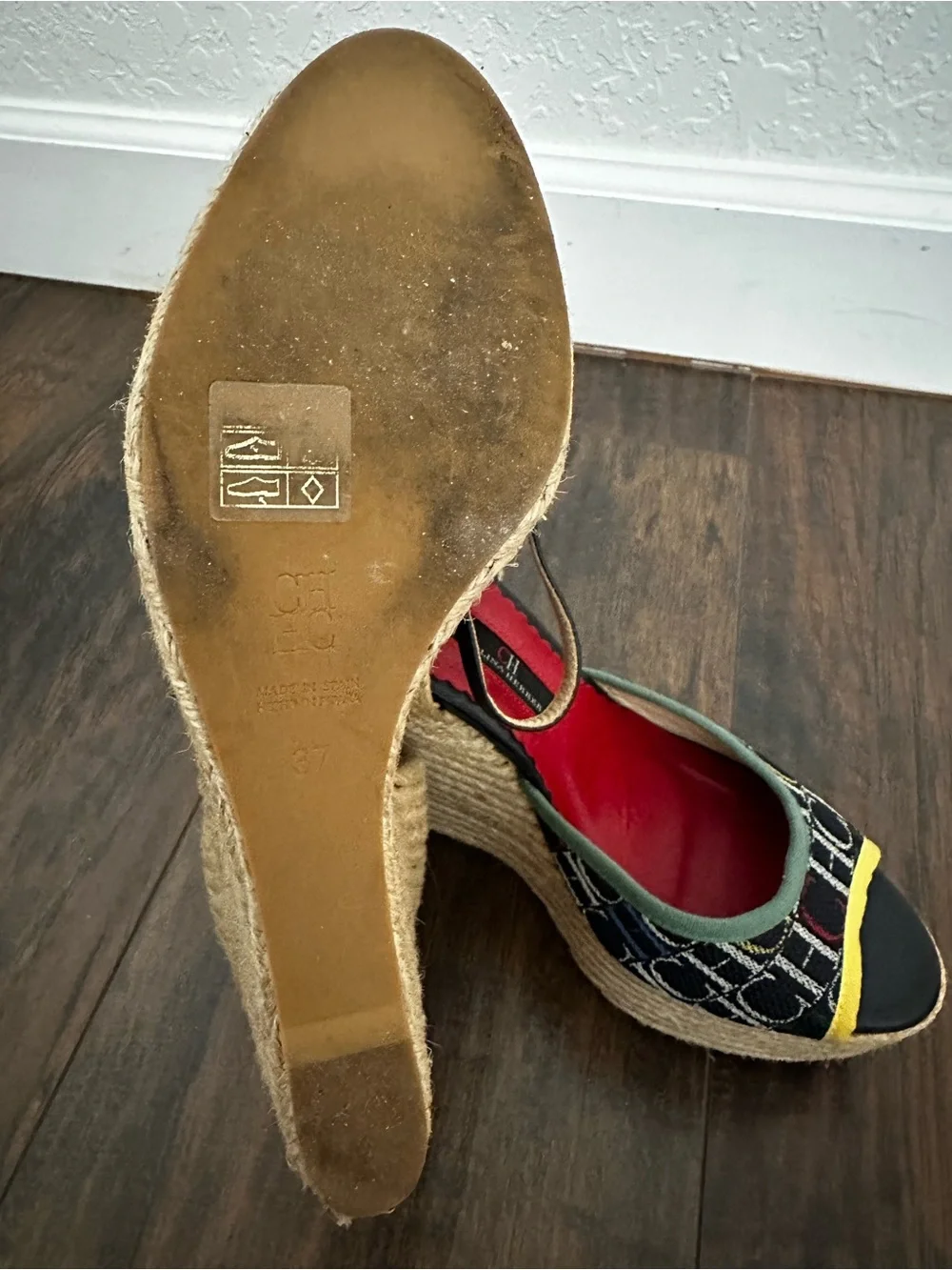 Carolina Herrera Multicolor Logo Espadrille Wedges with Red Insoles size 7